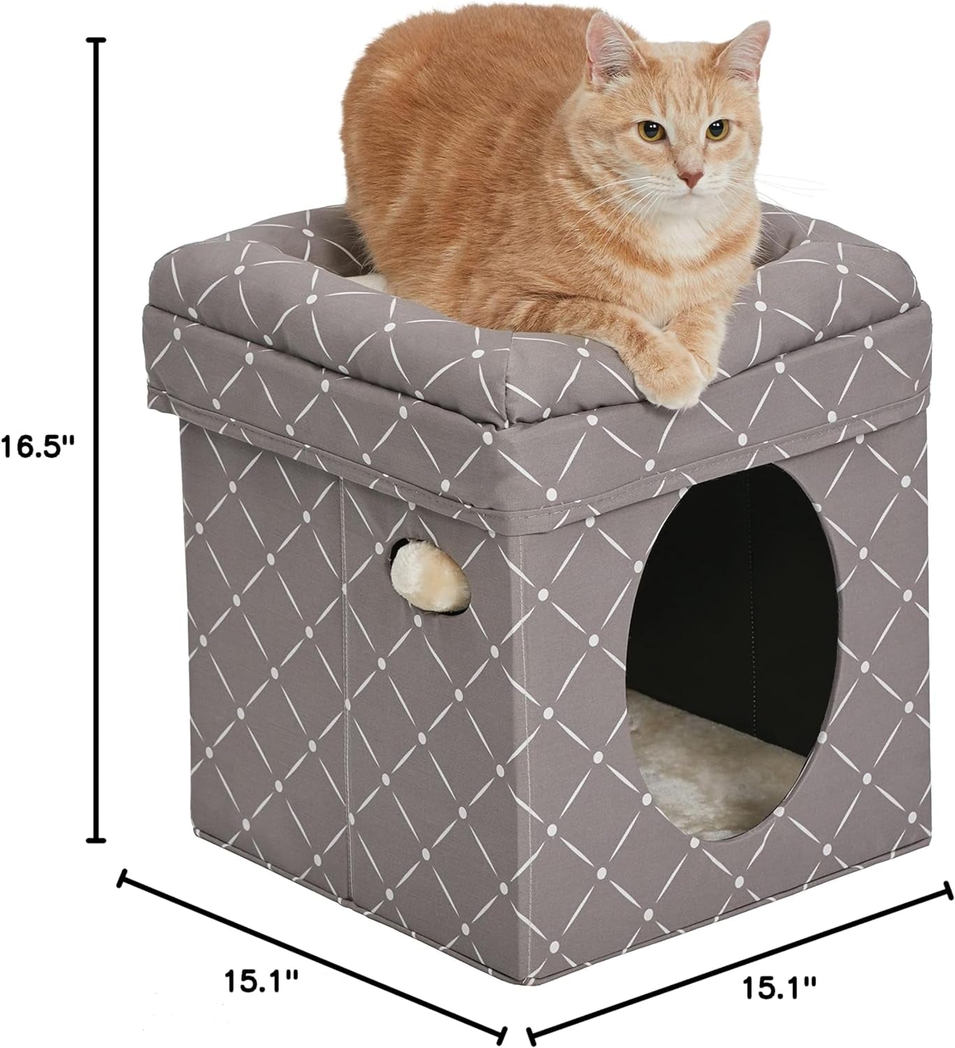 Feline Nuvo Curious Cat Cube: Foldable Cat Hideout with Integrated Toy and Bolstered Faux Fur Bed Top in Mushroom Diamond Design