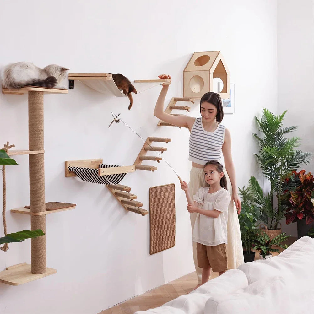 Cat Wall Climbing Shelf and Scratching Post with Hiding House - Multi-Level Pet Furniture Accessories