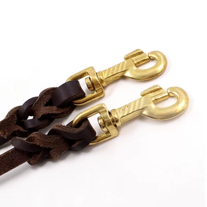 Premium Handmade Cowhide Leather Dog Leash for Large Breeds with Brass-Plated Hardware