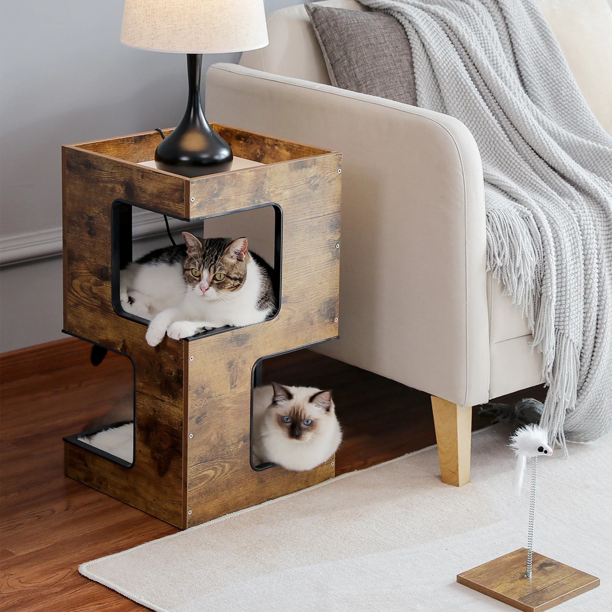 23-Inch Wooden Cat House Furniture for Indoor Cats, Contemporary Cat Tree Tower Bed with Complimentary Cat Toy, Scratching Pad, and Removable Soft Mats, Compact Cat Condo in Brown