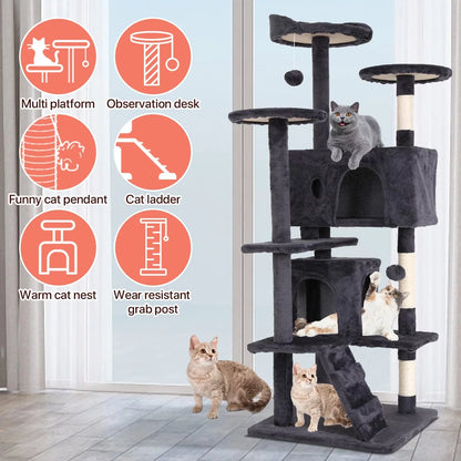 54-Inch Double Condo Cat Tree Tower with Scratching Post and Perch, Indoor Use, Light Gray
