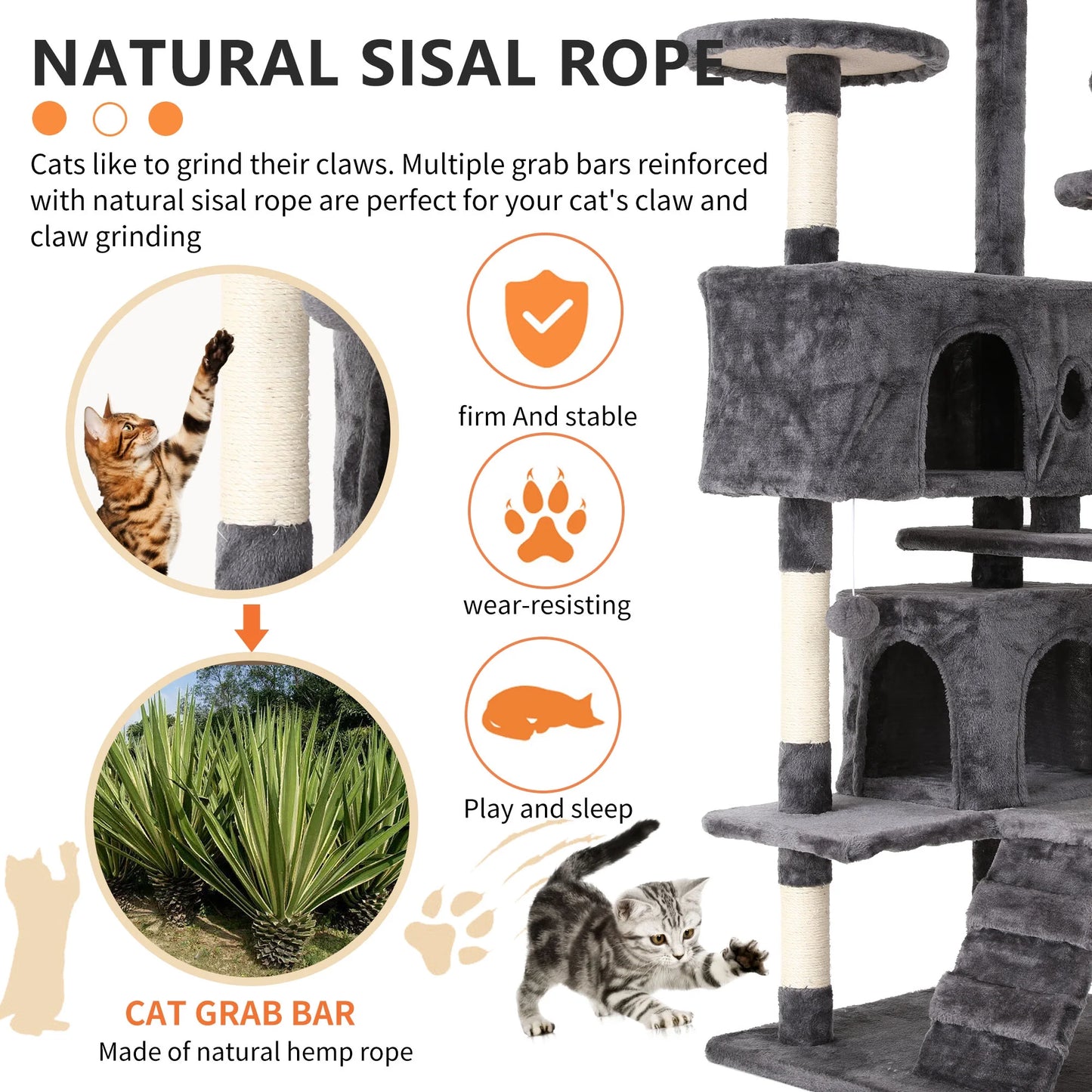 54-Inch Double Condo Cat Tree Tower with Scratching Post and Perch, Indoor Use, Light Gray