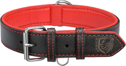 Riparo Genuine Leather Dog Collar for Medium Dogs - 1" Wide, Fits 13.5”-17.5” Neck, Black with Red Thread
