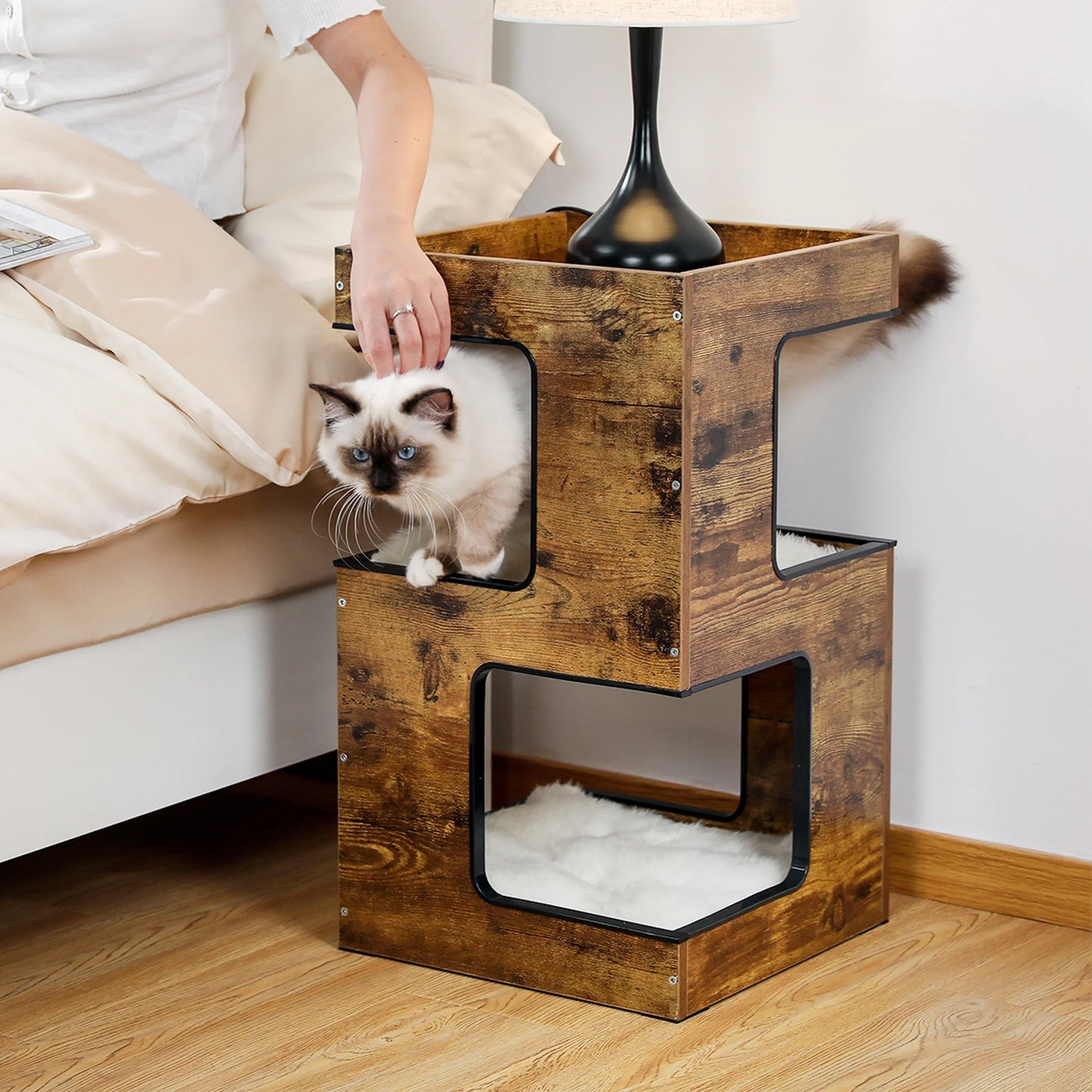 23-Inch Wooden Cat House Furniture for Indoor Cats, Contemporary Cat Tree Tower Bed with Complimentary Cat Toy, Scratching Pad, and Removable Soft Mats, Compact Cat Condo in Brown