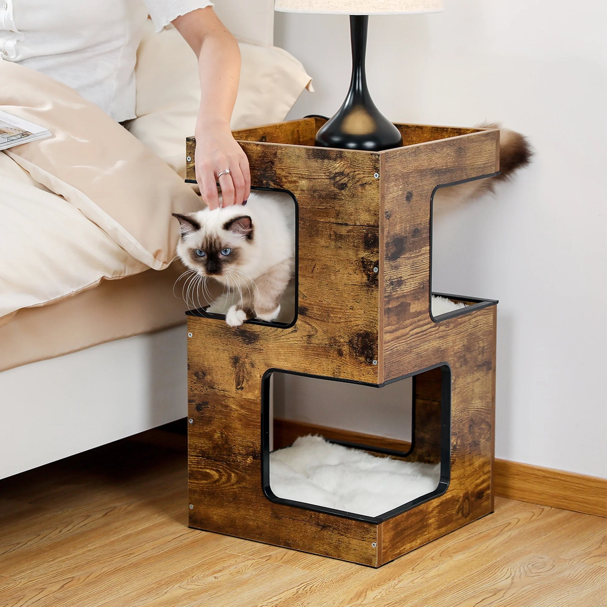 23-Inch Wooden Cat House Furniture for Indoor Cats, Contemporary Cat Tree Tower Bed with Complimentary Cat Toy, Scratching Pad, and Removable Soft Mats, Compact Cat Condo in Brown