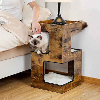 23-Inch Wooden Cat House Furniture for Indoor Cats, Contemporary Cat Tree Tower Bed with Complimentary Cat Toy, Scratching Pad, and Removable Soft Mats, Compact Cat Condo in Brown