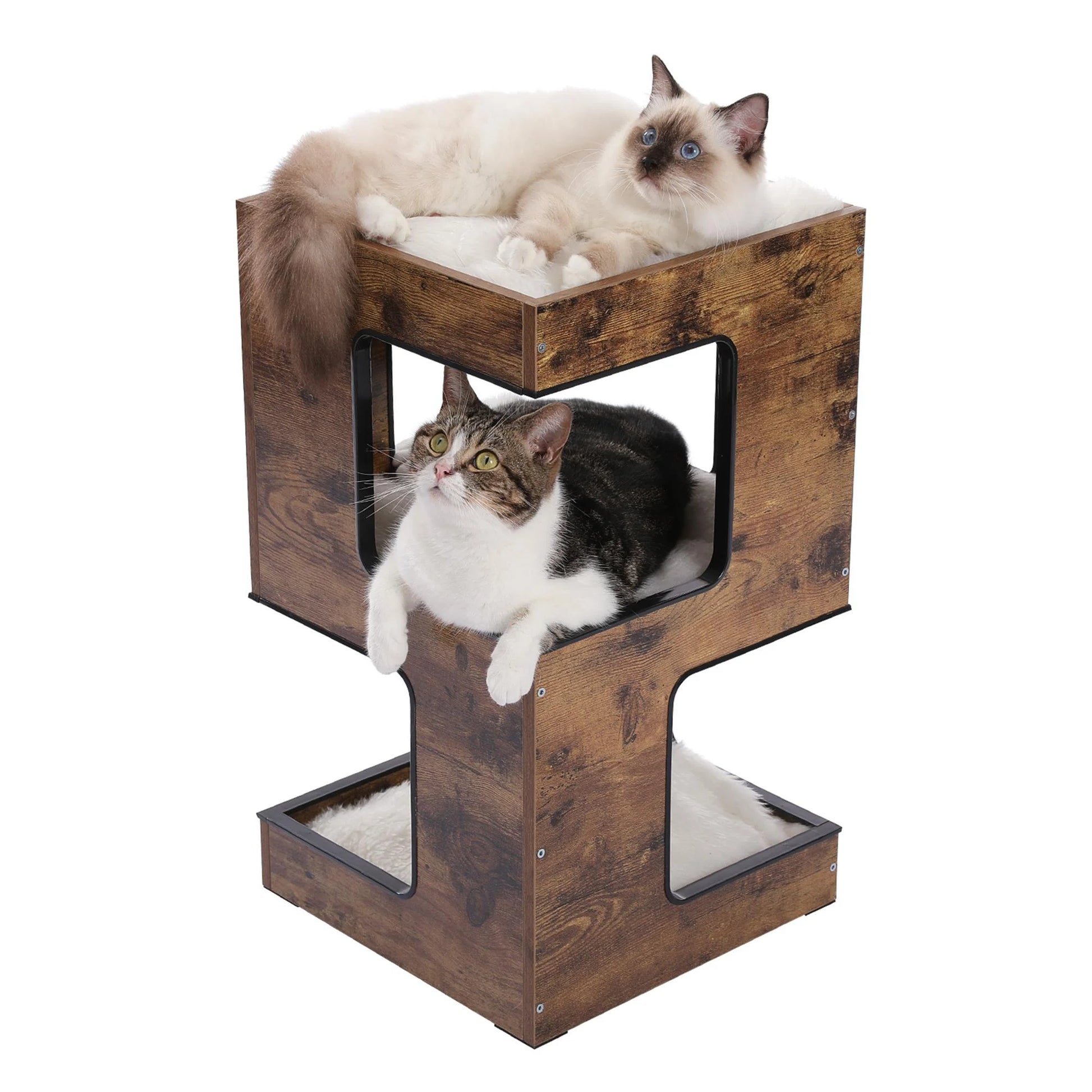 23-Inch Wooden Cat House Furniture for Indoor Cats, Contemporary Cat Tree Tower Bed with Complimentary Cat Toy, Scratching Pad, and Removable Soft Mats, Compact Cat Condo in Brown