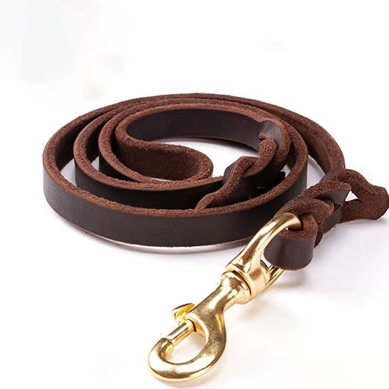 Premium Handmade Cowhide Leather Dog Leash for Large Breeds with Brass-Plated Hardware