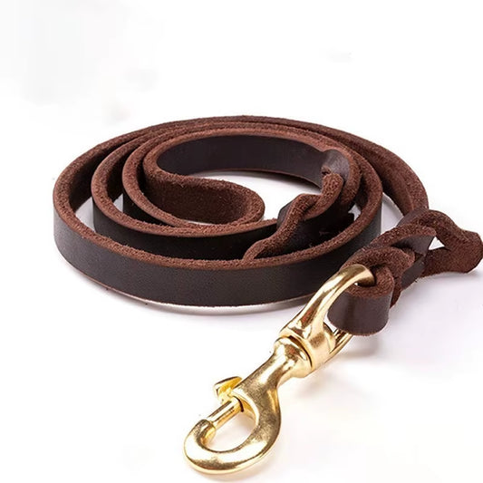 Premium Handmade Cowhide Leather Dog Leash for Large Breeds with Brass-Plated Hardware