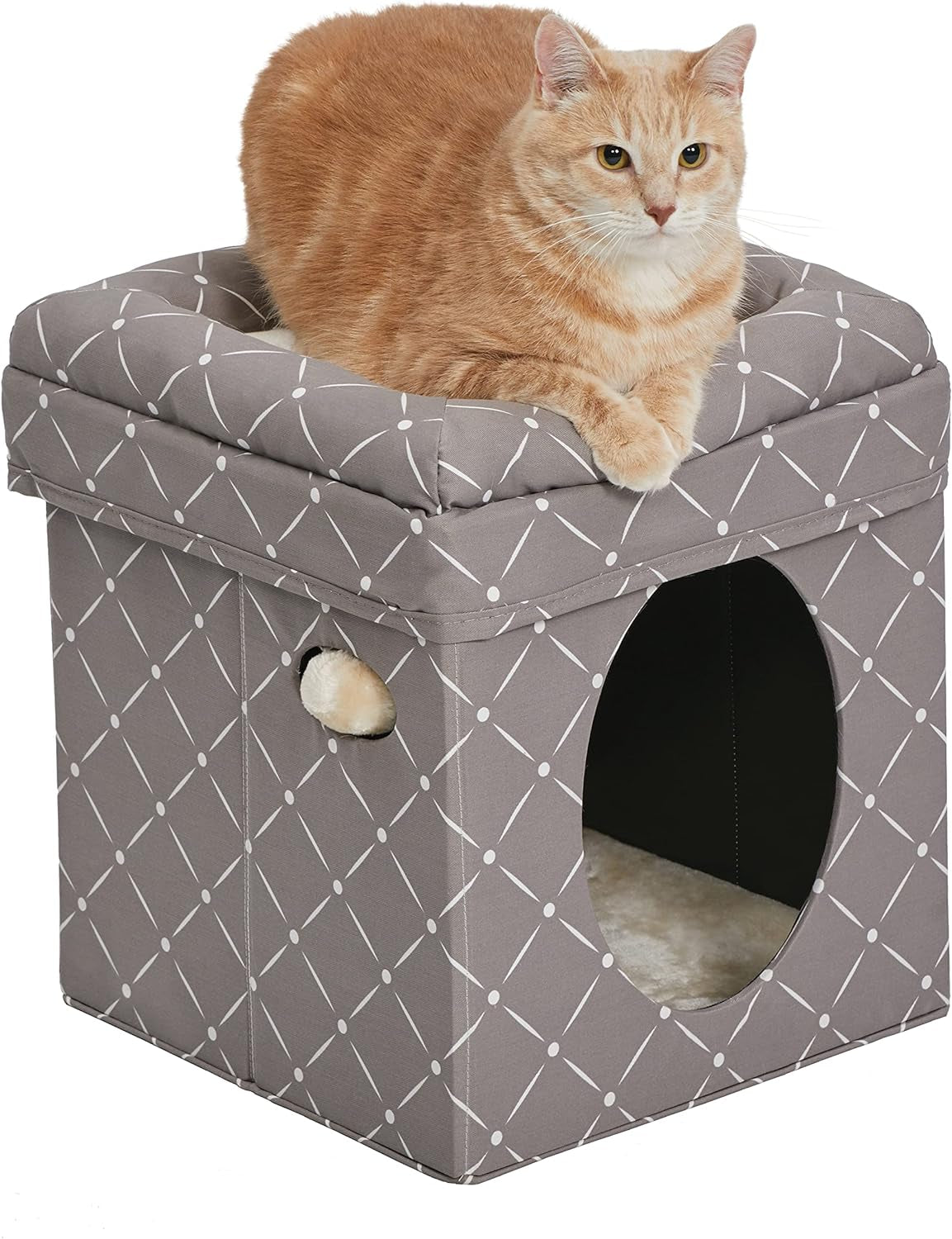 Feline Nuvo Curious Cat Cube: Foldable Cat Hideout with Integrated Toy and Bolstered Faux Fur Bed Top in Mushroom Diamond Design