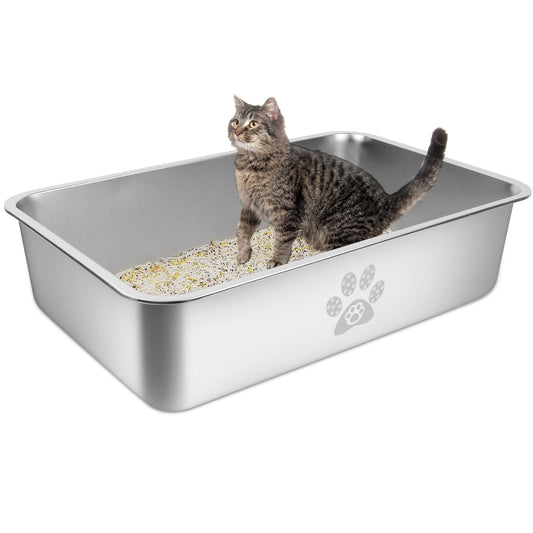 Large Stainless Steel Cat Litter Box with High Sides - 23.6" x 15.7" x 5.9