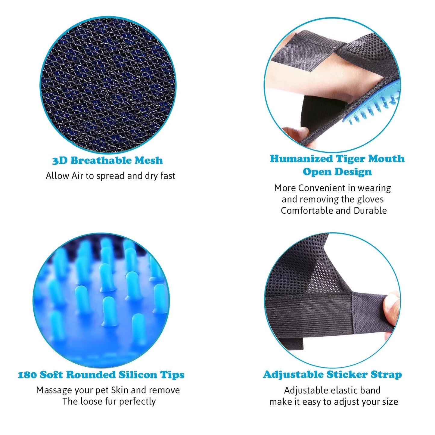 Professional Pet Grooming Gloves for Dogs and Cats - Hair Remover Mitts with Massage and Deshedding Functionality - 1 Pair, Blue