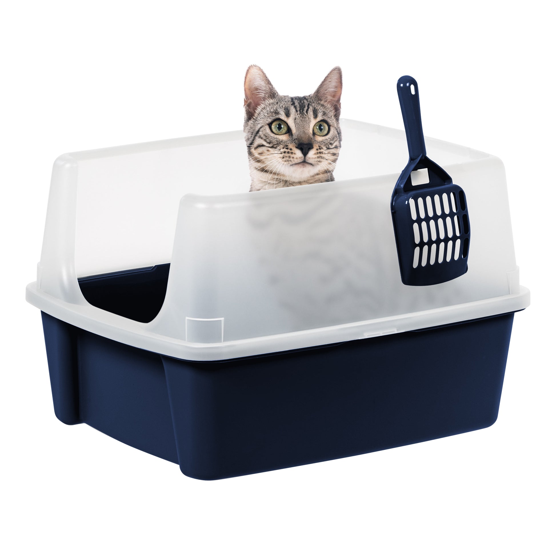 High-Sided Open Top Cat Litter Box with Scoop in Navy