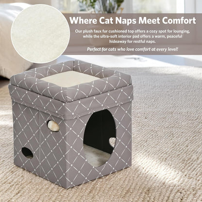 Feline Nuvo Curious Cat Cube: Foldable Cat Hideout with Integrated Toy and Bolstered Faux Fur Bed Top in Mushroom Diamond Design