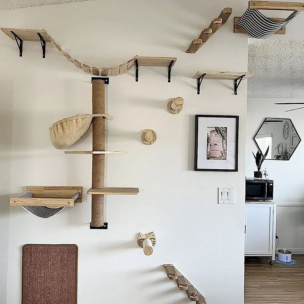 Cat Wall Climbing Shelf and Scratching Post with Hiding House - Multi-Level Pet Furniture Accessories