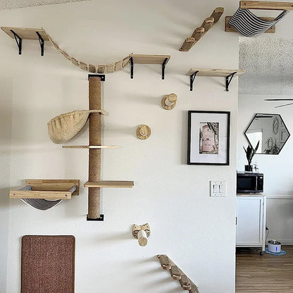 Cat Wall Climbing Shelf and Scratching Post with Hiding House - Multi-Level Pet Furniture Accessories