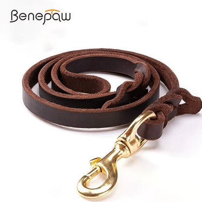 Premium Handmade Cowhide Leather Dog Leash for Large Breeds with Brass-Plated Hardware