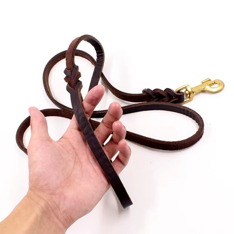Premium Handmade Cowhide Leather Dog Leash for Large Breeds with Brass-Plated Hardware