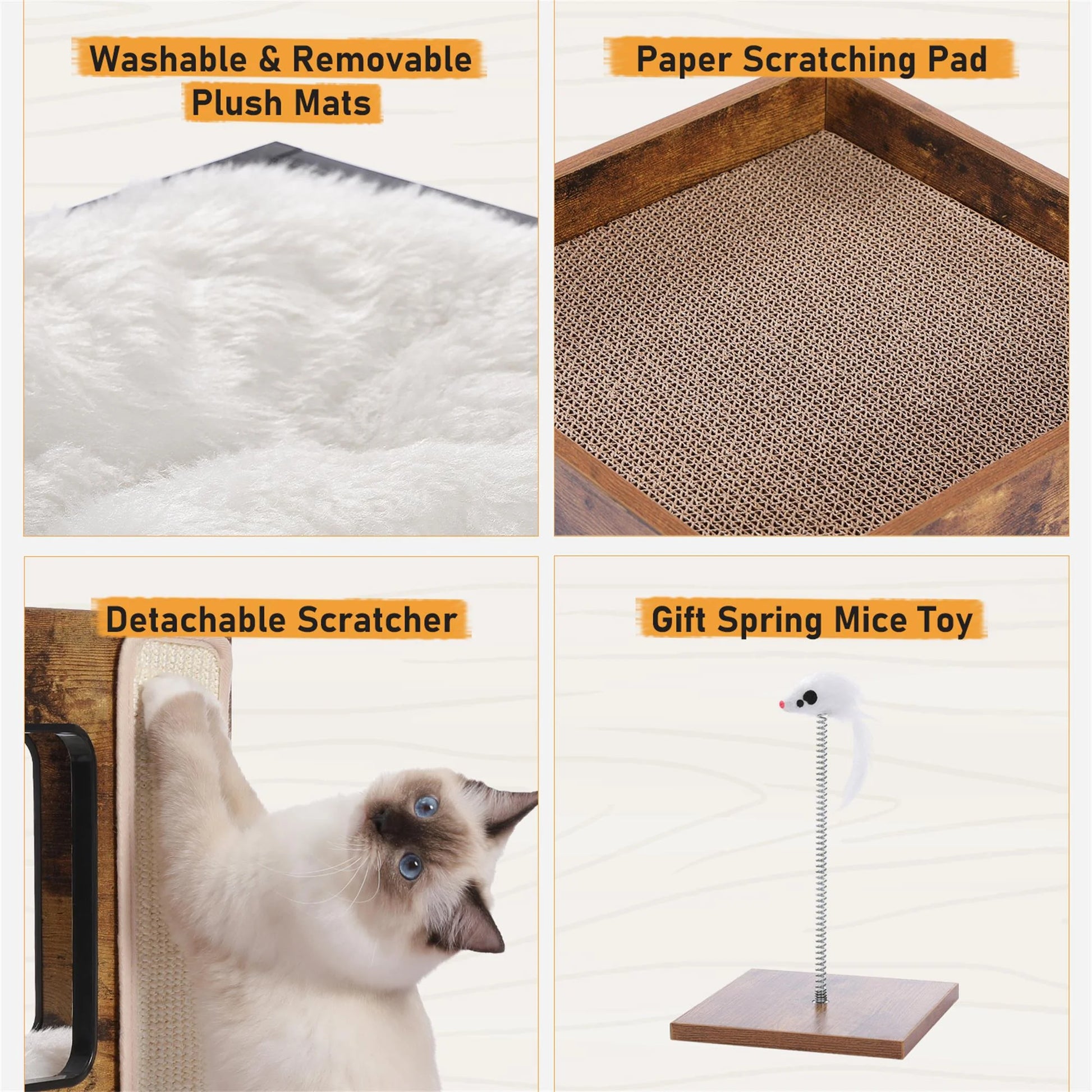23-Inch Wooden Cat House Furniture for Indoor Cats, Contemporary Cat Tree Tower Bed with Complimentary Cat Toy, Scratching Pad, and Removable Soft Mats, Compact Cat Condo in Brown