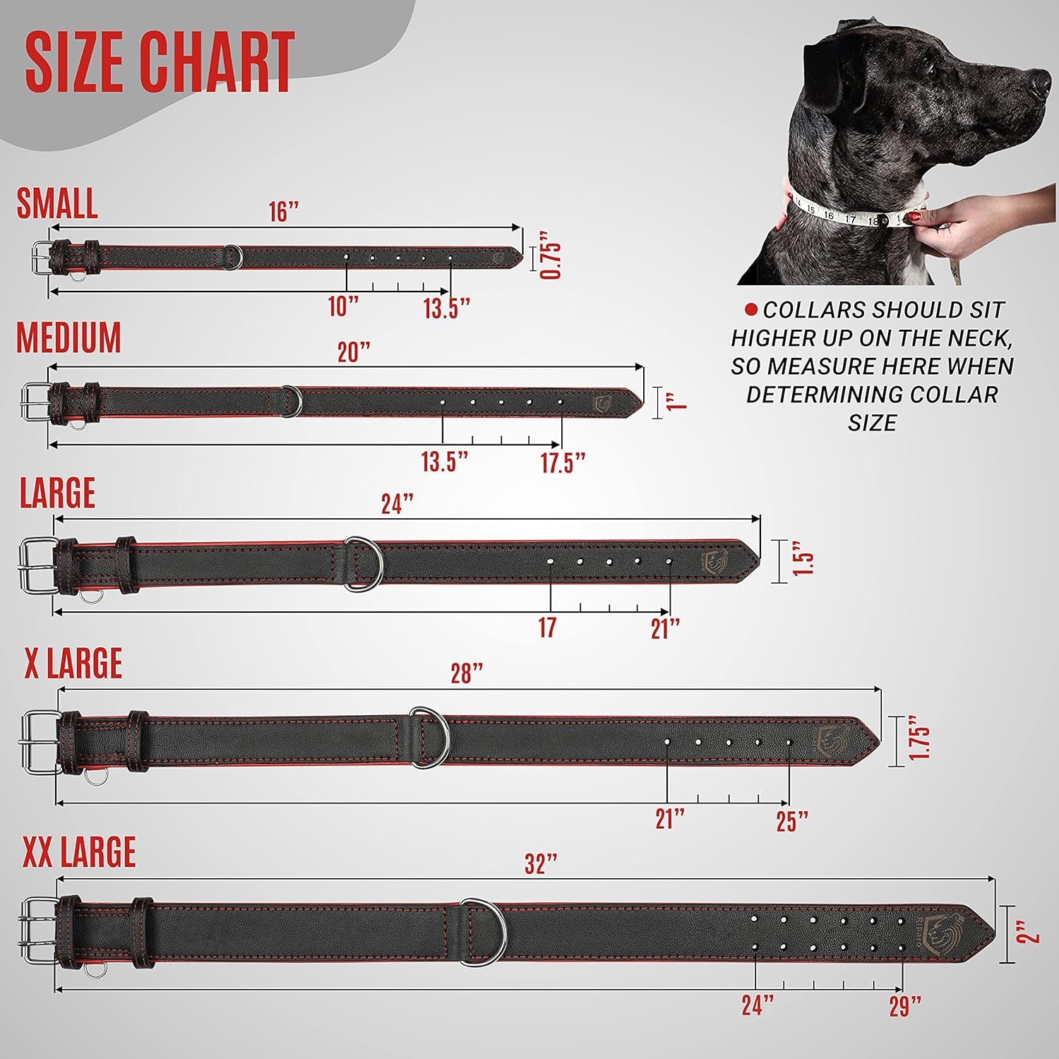 Riparo Genuine Leather Dog Collar for Medium Dogs - 1" Wide, Fits 13.5”-17.5” Neck, Black with Red Thread