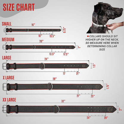 Riparo Genuine Leather Dog Collar for Medium Dogs - 1" Wide, Fits 13.5”-17.5” Neck, Black with Red Thread