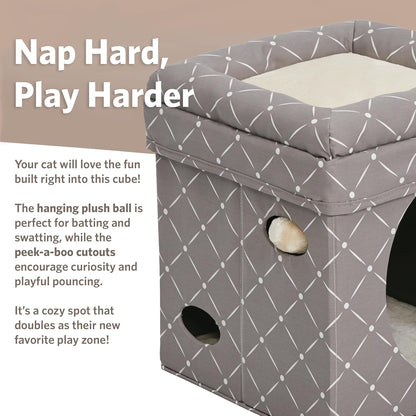 Feline Nuvo Curious Cat Cube: Foldable Cat Hideout with Integrated Toy and Bolstered Faux Fur Bed Top in Mushroom Diamond Design