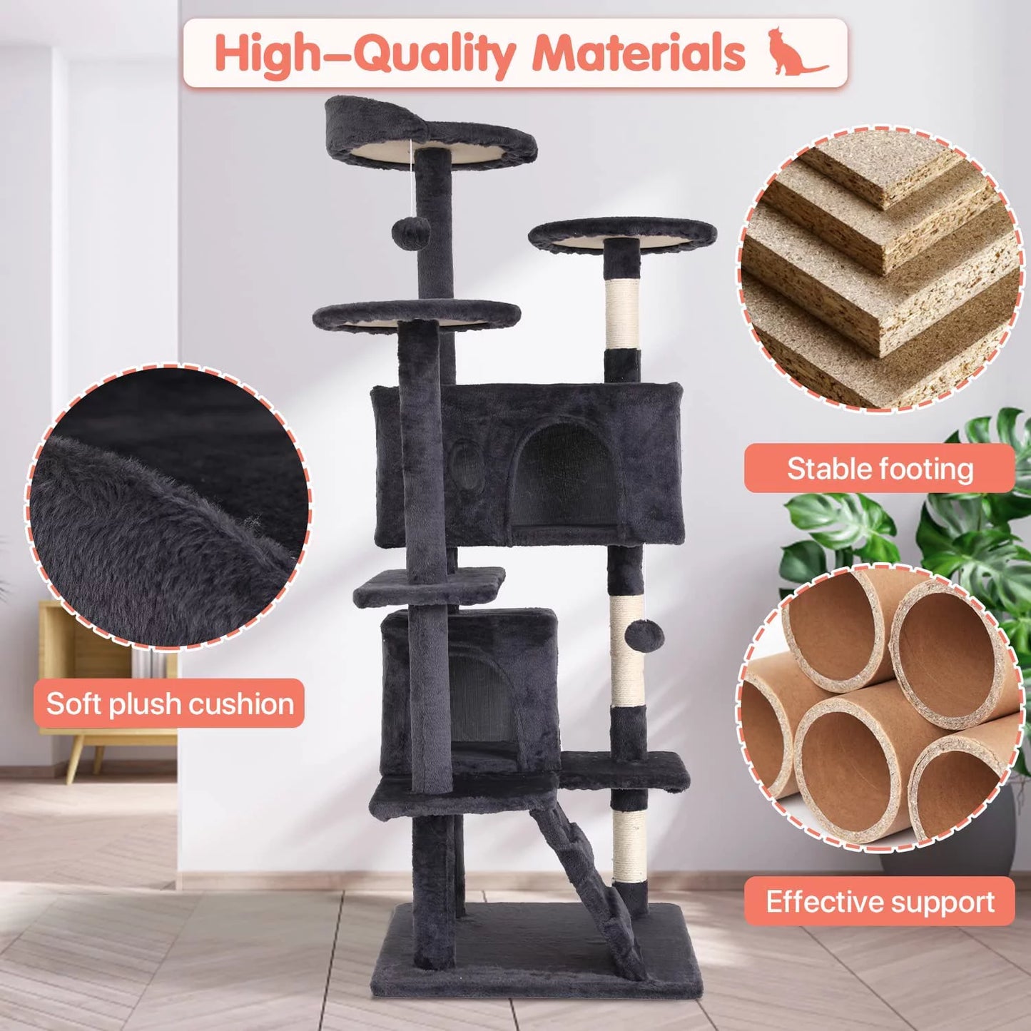 54-Inch Double Condo Cat Tree Tower with Scratching Post and Perch, Indoor Use, Light Gray