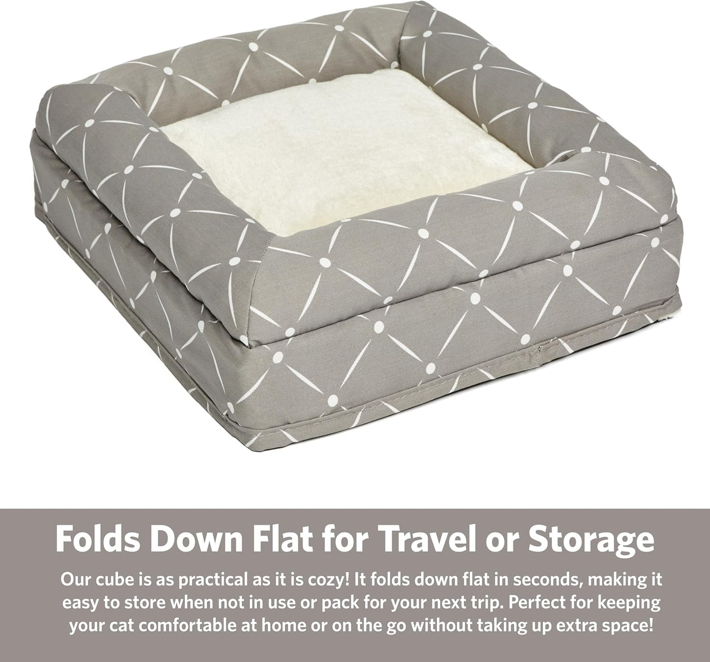 Feline Nuvo Curious Cat Cube: Foldable Cat Hideout with Integrated Toy and Bolstered Faux Fur Bed Top in Mushroom Diamond Design