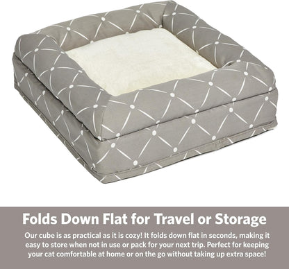 Feline Nuvo Curious Cat Cube: Foldable Cat Hideout with Integrated Toy and Bolstered Faux Fur Bed Top in Mushroom Diamond Design