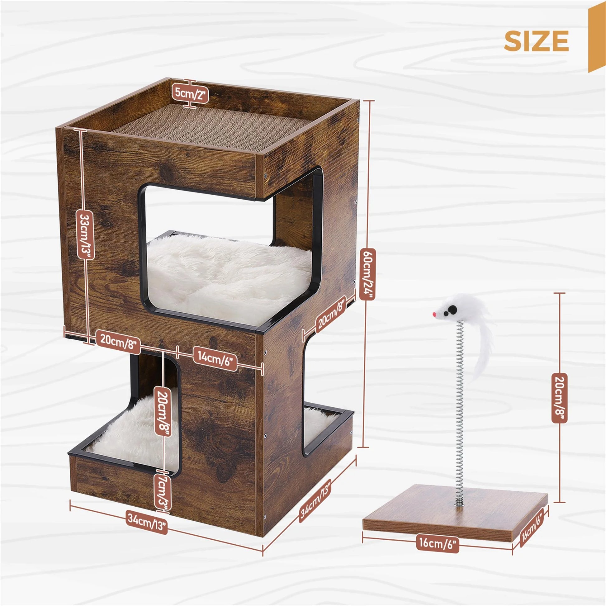 23-Inch Wooden Cat House Furniture for Indoor Cats, Contemporary Cat Tree Tower Bed with Complimentary Cat Toy, Scratching Pad, and Removable Soft Mats, Compact Cat Condo in Brown