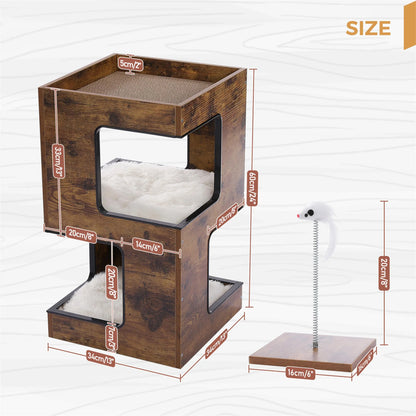 23-Inch Wooden Cat House Furniture for Indoor Cats, Contemporary Cat Tree Tower Bed with Complimentary Cat Toy, Scratching Pad, and Removable Soft Mats, Compact Cat Condo in Brown