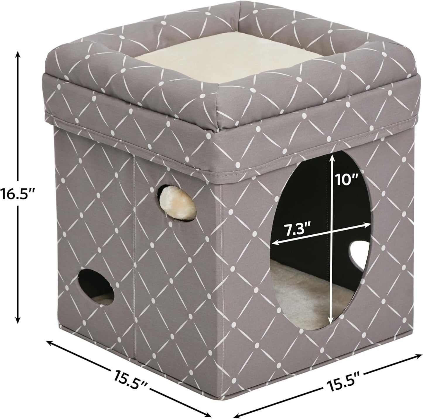 Feline Nuvo Curious Cat Cube: Foldable Cat Hideout with Integrated Toy and Bolstered Faux Fur Bed Top in Mushroom Diamond Design