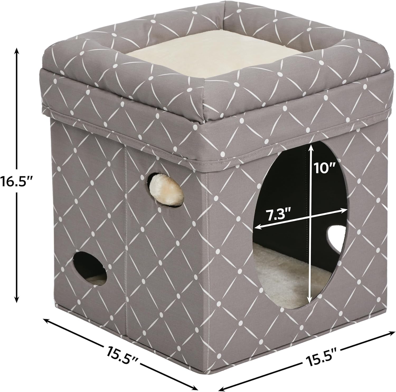 Feline Nuvo Curious Cat Cube: Foldable Cat Hideout with Integrated Toy and Bolstered Faux Fur Bed Top in Mushroom Diamond Design