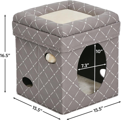 Feline Nuvo Curious Cat Cube: Foldable Cat Hideout with Integrated Toy and Bolstered Faux Fur Bed Top in Mushroom Diamond Design