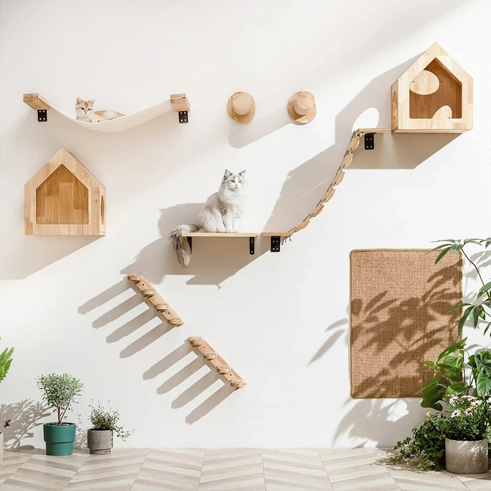 Cat Wall Climbing Shelf and Scratching Post with Hiding House - Multi-Level Pet Furniture Accessories