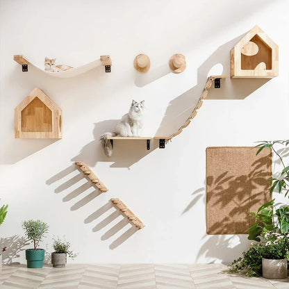 Cat Wall Climbing Shelf and Scratching Post with Hiding House - Multi-Level Pet Furniture Accessories