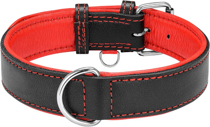 Riparo Genuine Leather Dog Collar for Medium Dogs - 1" Wide, Fits 13.5”-17.5” Neck, Black with Red Thread