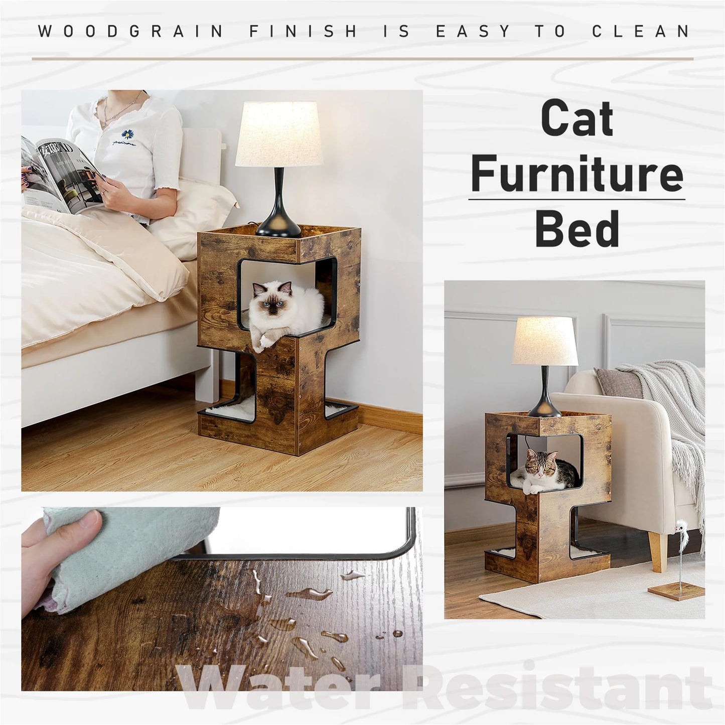 23-Inch Wooden Cat House Furniture for Indoor Cats, Contemporary Cat Tree Tower Bed with Complimentary Cat Toy, Scratching Pad, and Removable Soft Mats, Compact Cat Condo in Brown