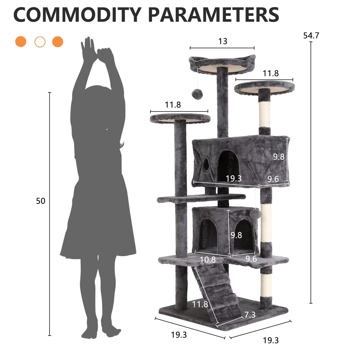 54-Inch Double Condo Cat Tree Tower with Scratching Post and Perch, Indoor Use, Light Gray