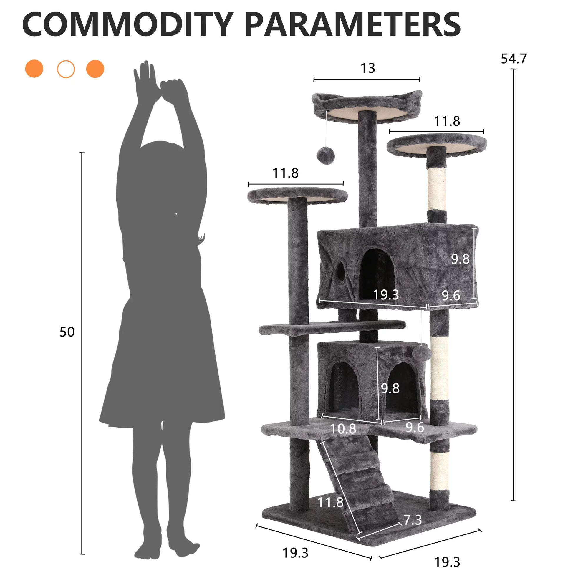 54-Inch Double Condo Cat Tree Tower with Scratching Post and Perch, Indoor Use, Light Gray