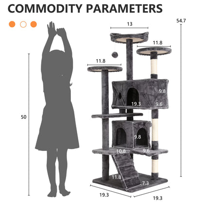 54-Inch Double Condo Cat Tree Tower with Scratching Post and Perch, Indoor Use, Light Gray