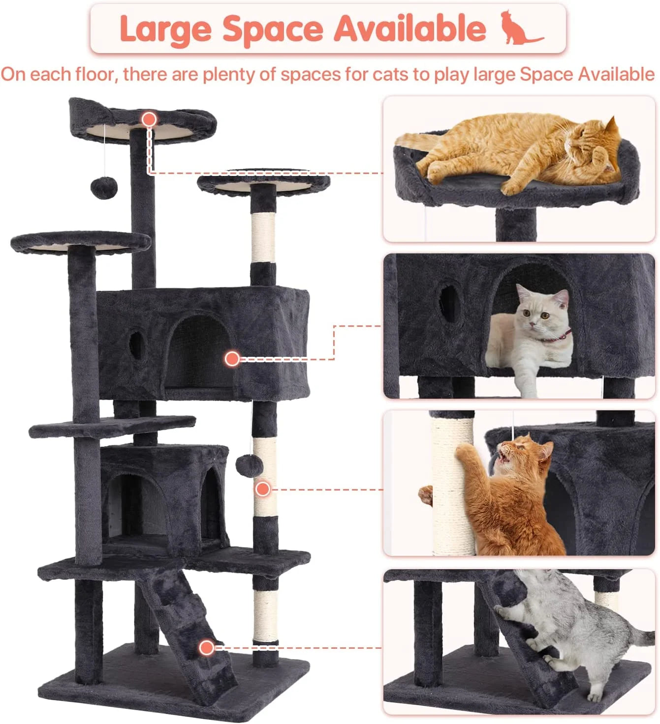54-Inch Double Condo Cat Tree Tower with Scratching Post and Perch, Indoor Use, Light Gray