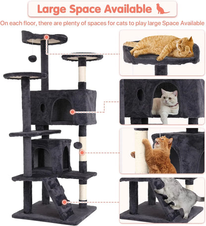 54-Inch Double Condo Cat Tree Tower with Scratching Post and Perch, Indoor Use, Light Gray