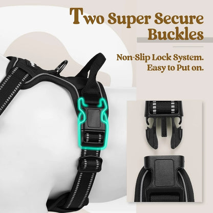 No-Pull Dog Harness with Dual Leash Clips, Adjustable Soft Padded Vest, Reflective Oxford Outdoor Vest with Control Handle for Large Dogs - Black