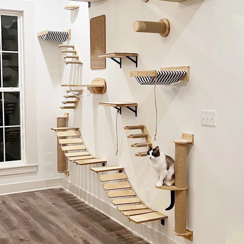 Cat Wall Climbing Shelf and Scratching Post with Hiding House - Multi-Level Pet Furniture Accessories