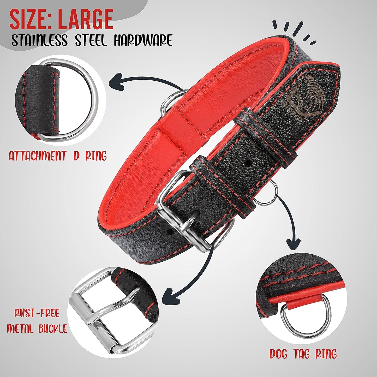 Riparo Genuine Leather Dog Collar for Medium Dogs - 1" Wide, Fits 13.5”-17.5” Neck, Black with Red Thread