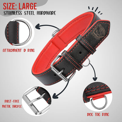 Riparo Genuine Leather Dog Collar for Medium Dogs - 1" Wide, Fits 13.5”-17.5” Neck, Black with Red Thread