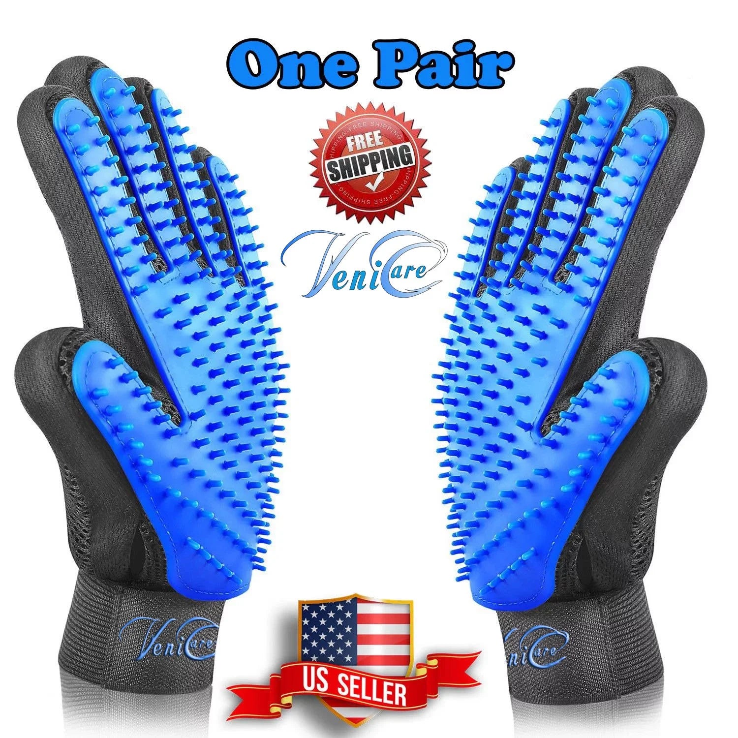Professional Pet Grooming Gloves for Dogs and Cats - Hair Remover Mitts with Massage and Deshedding Functionality - 1 Pair, Blue