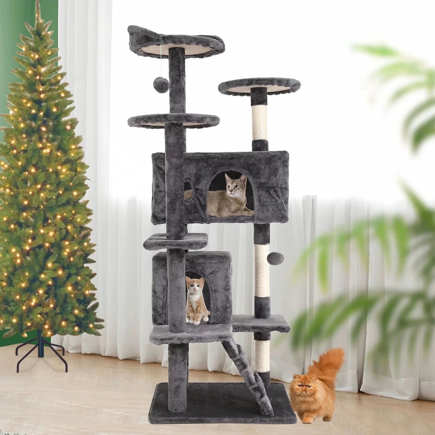 54-Inch Double Condo Cat Tree Tower with Scratching Post and Perch, Indoor Use, Light Gray