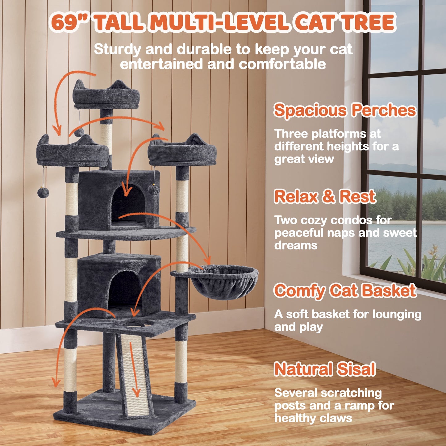 Large 69-Inch Cat Tree Tower with Condominiums and Scratching Board in Dark Gray